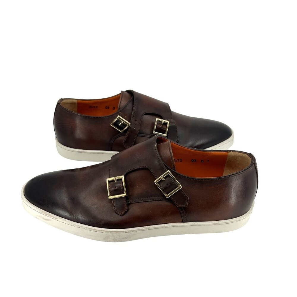 Santani Mens Leather Loafers With Double Monk Strap & Rubber Sole Size 7